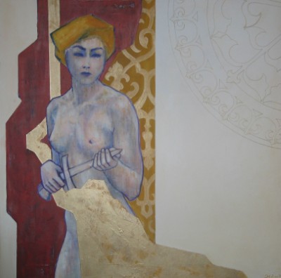 Acrylbild einer weiblichen Figur mit einem Dolch vor roten, blauen und goldenen Strukturen